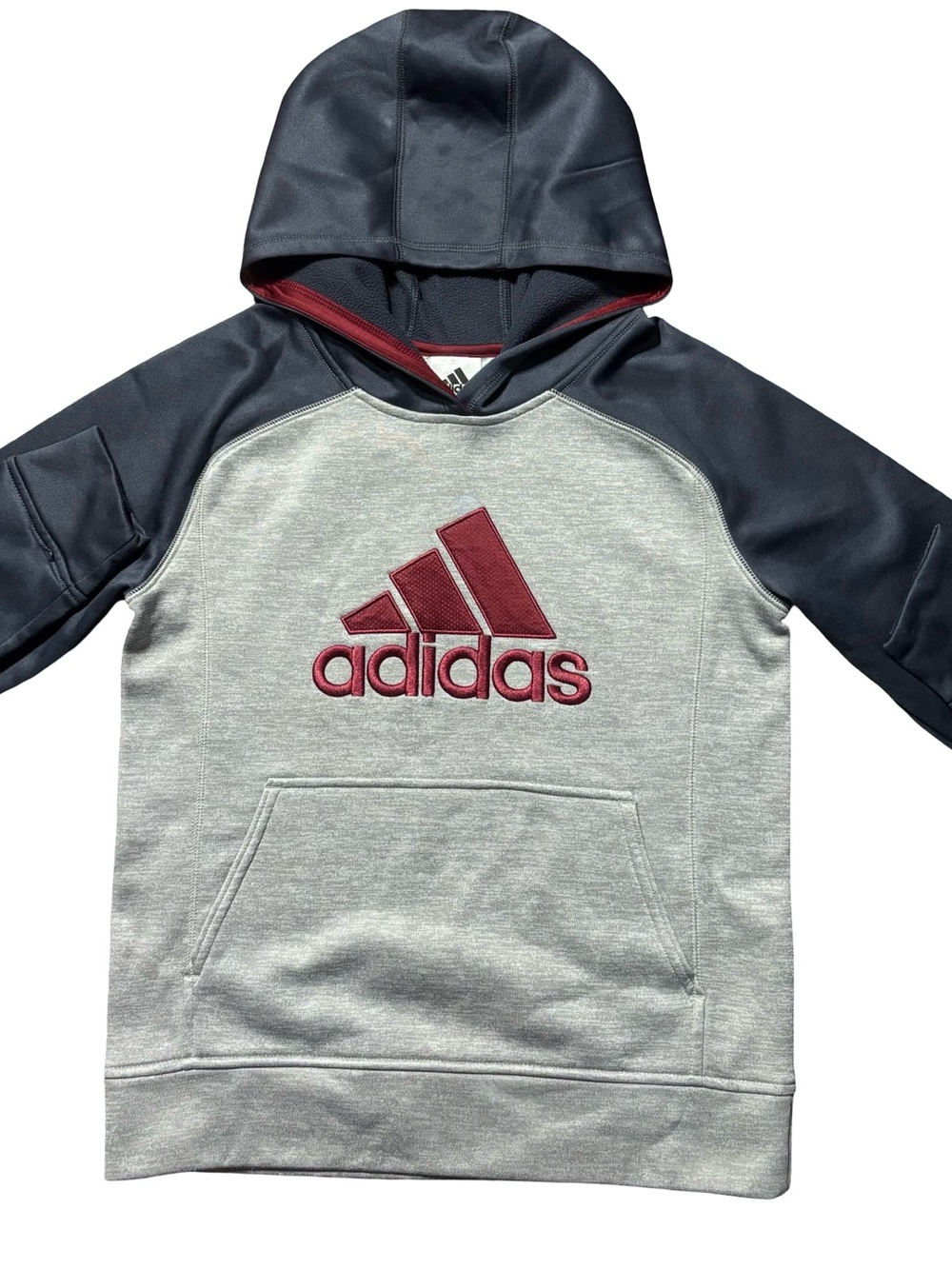 adidas Kids Grey Hoodie with Navy Sleeves and Maroon Logo